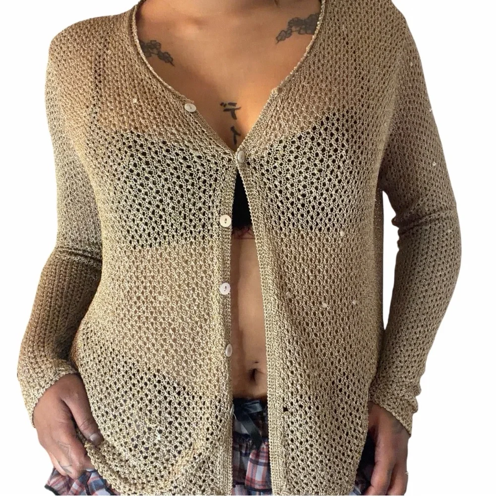 Vintage Apostrophe Gold Metallic Knit Cardigan Open Knit Sweater - Picture 3 of 3